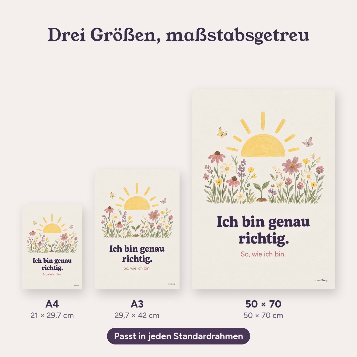 Größenvergleich A4, A3 und 50 × 70 cm